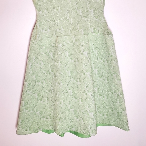 Mossy Mod Light Green Brocade Short-Sleeve Mini Dress with Pleats & Pocket - Picture 6 of 14